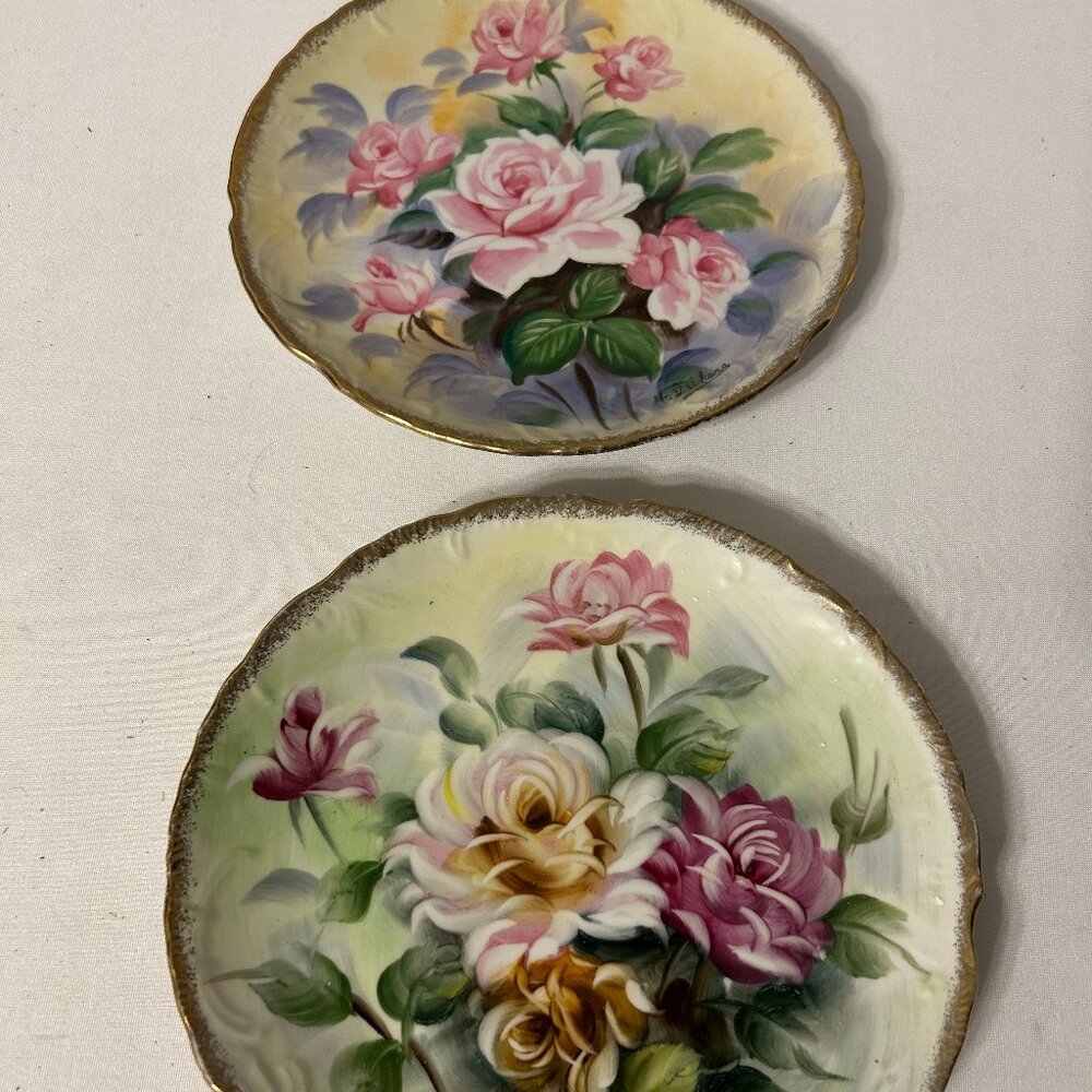 TWO VINTAGE JAPAN UCAGCO FLORAL HAND PRINTED CERAMIC COLLECTOR PLATES